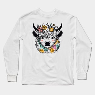 Majestic Highland Harmony: Scottish Hairy Cow with Blossoms Long Sleeve T-Shirt